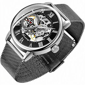 Men Black Silver Classic Roman Numeral‎ Steampunk Mechanical Watch